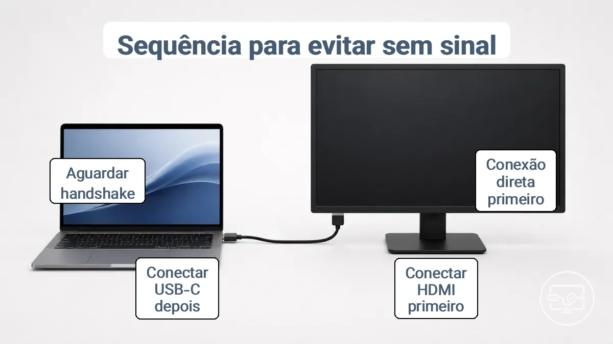 Sequência de conexão USB-C para HDMI mostrando a ordem que reduz resultados de sem sinal e não detectado.