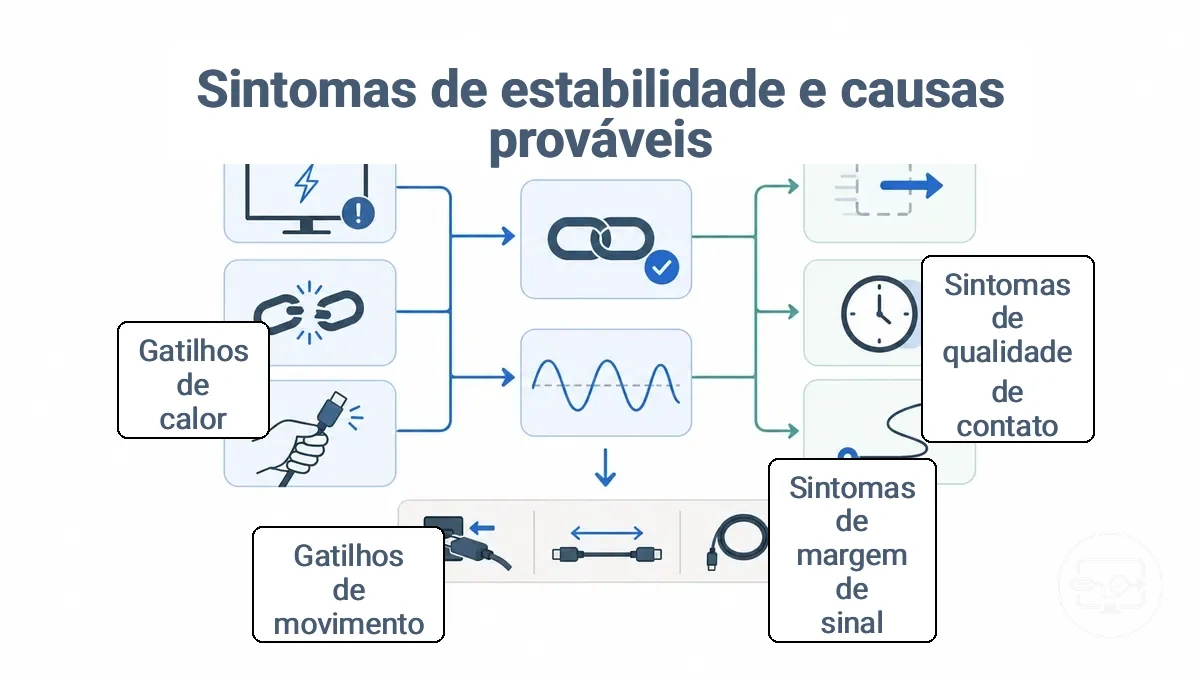 Gráfico mapeando sintomas de estabilidade USB-C para HDMI para classes de causa prováveis e primeiras verificações seguras
