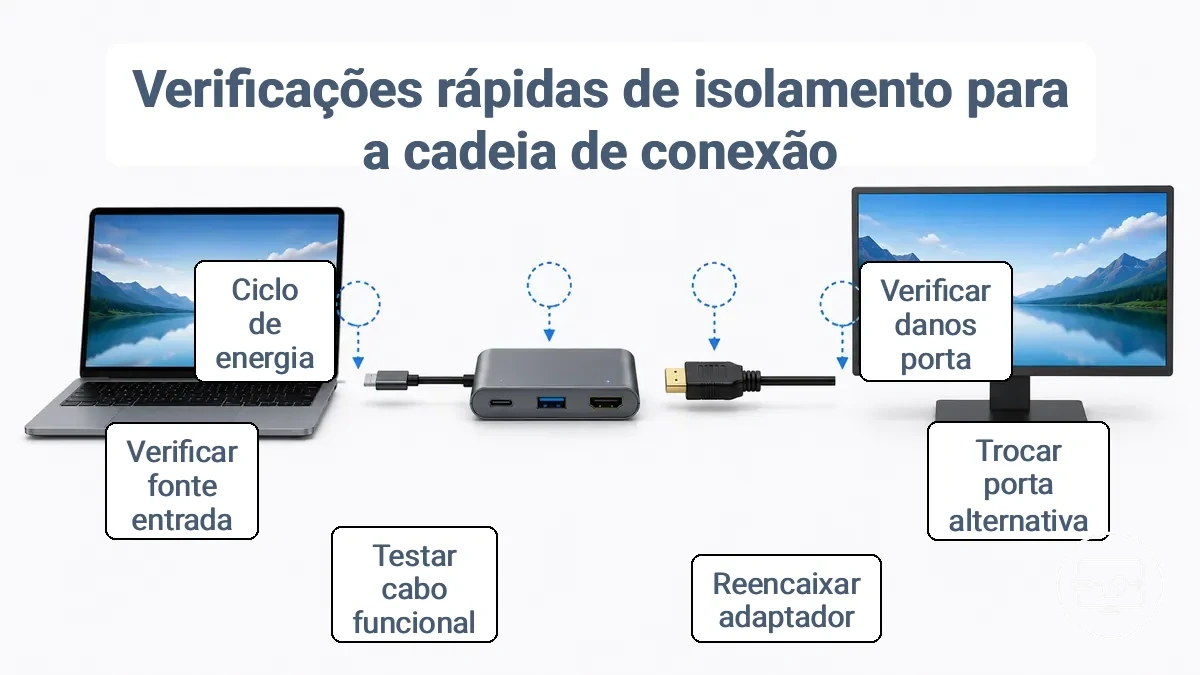Diagrama mostrando a cadeia física da porta USB-C, adaptador, cabo HDMI e pontos de seleção de entrada do monitor para verificações de isolamento
