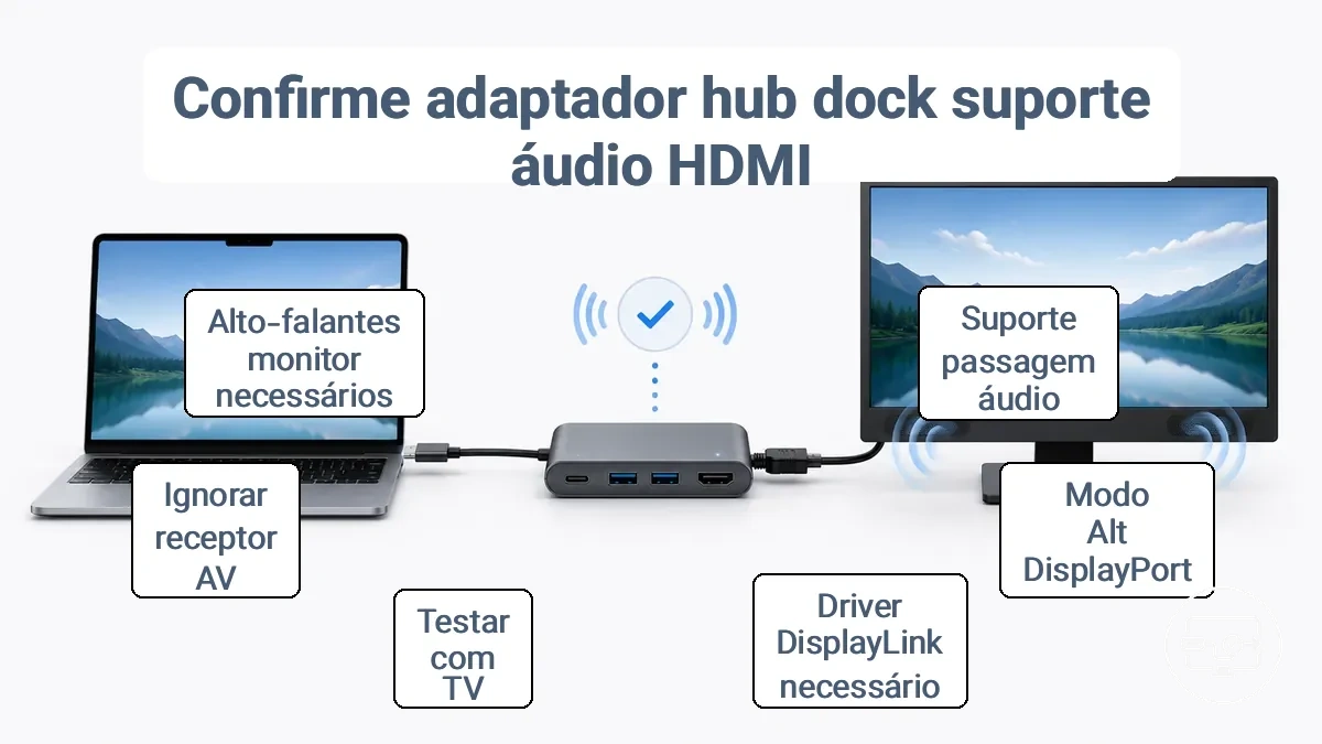Gráfico de lista de verificação para verificar o suporte de áudio HDMI do adaptador, hub ou dock