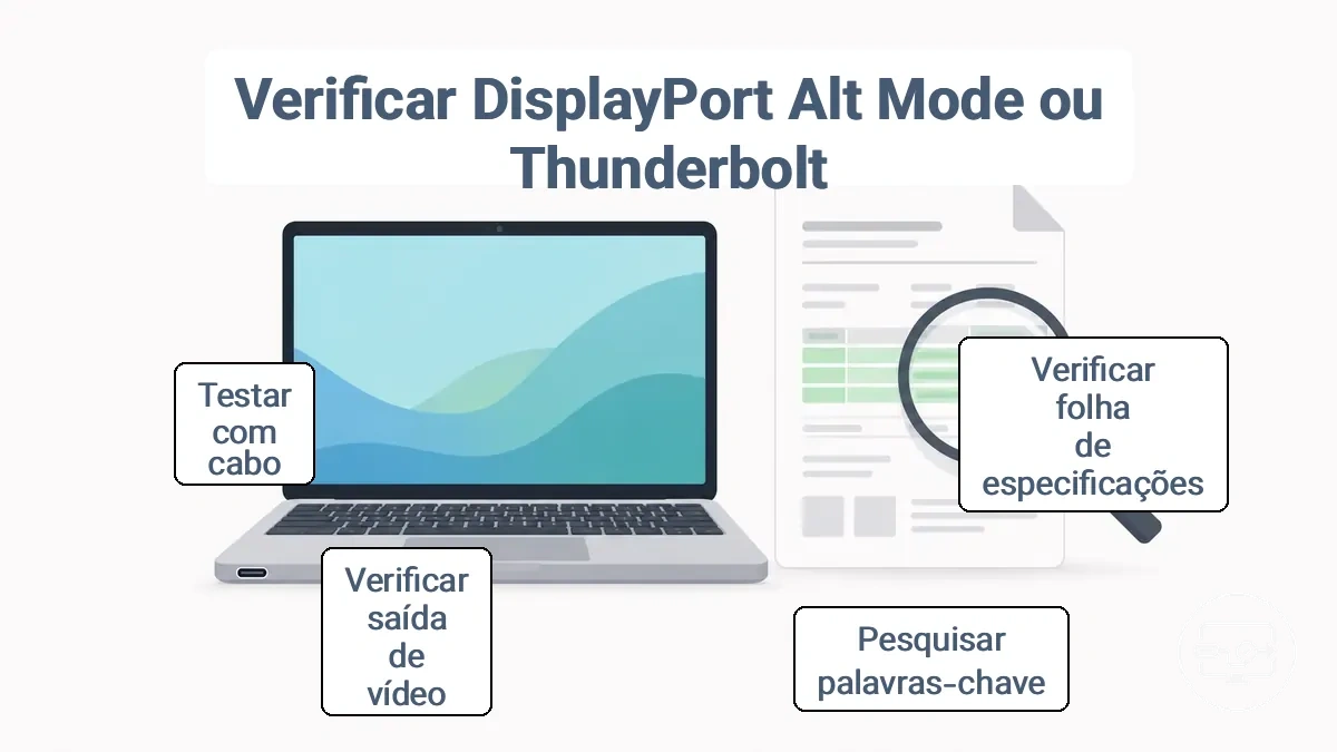 Exemplo de ficha técnica anotada destacando o suporte de saída de vídeo DisplayPort Alt Mode ou Thunderbolt para compatibilidade USB-C para HDMI.