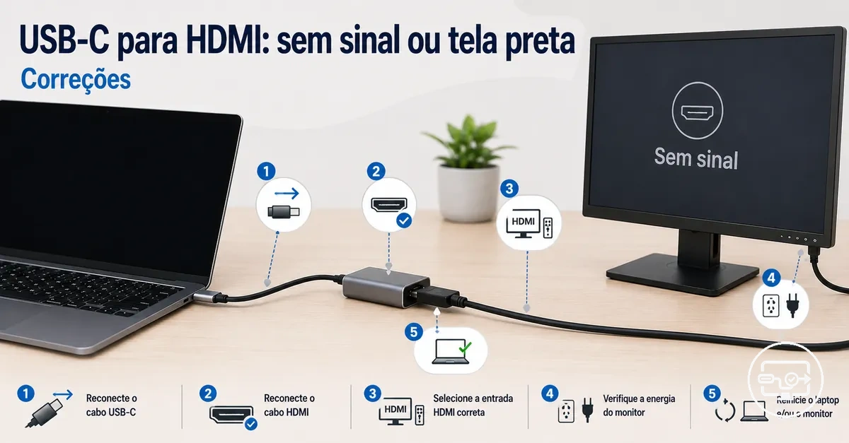 Correções para USB-C para HDMI sem sinal com verificações de conexão na tela