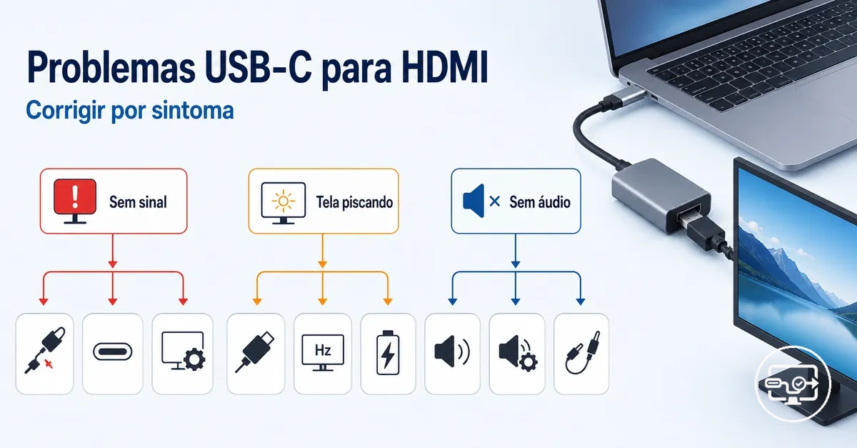 Fluxo de solução de problemas USB-C para HDMI por sintoma, como sem sinal ou tela piscando