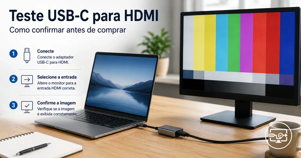Teste de compatibilidade USB-C para HDMI com o dispositivo conectado a uma tela externa