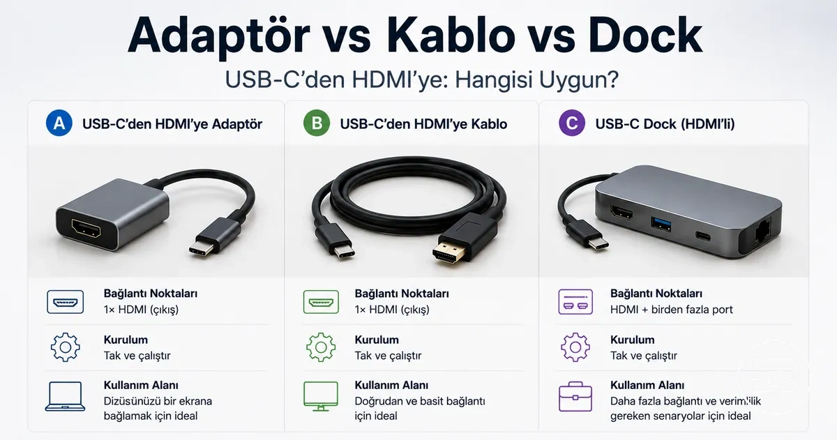 USB-C’den HDMI’ye uyumluluk için adaptör, kablo ve dock form faktörü karşılaştırması