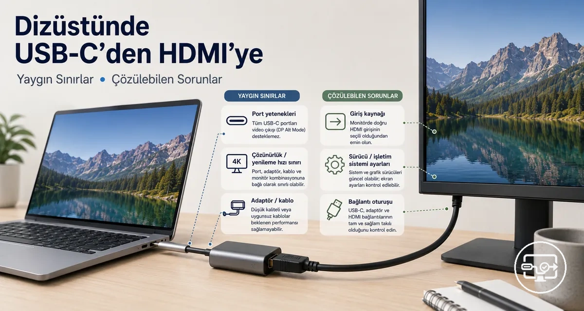 Dizüstünde USB-C’den HDMI’ye uyumluluk: harici monitöre bağlantı örneği