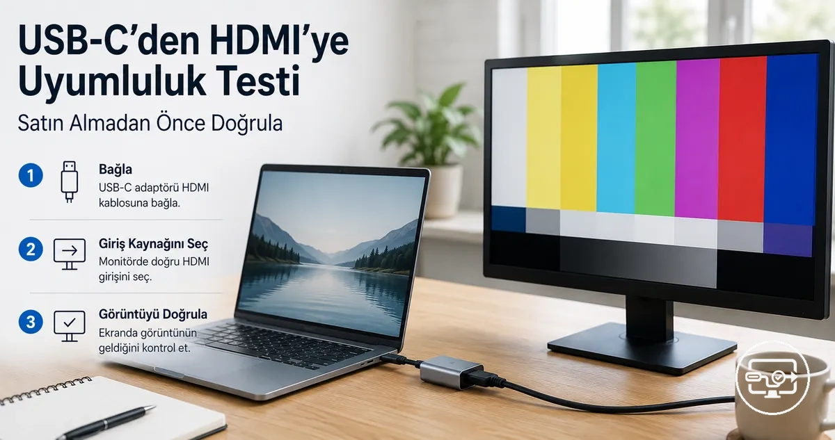 USB-C’den HDMI’ye uyumluluk testi: cihazın harici ekrana bağlandığı kurulum