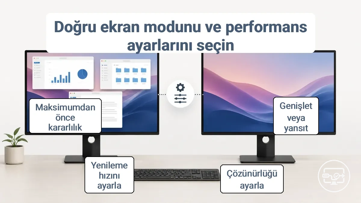 USB-Cden HDMIya ekran modu karşılaştırması yansıtma ve genişletme ile çözünürlük yenileme ayarlarının kararlılığı nasıl etkilediğini gösteriyor.