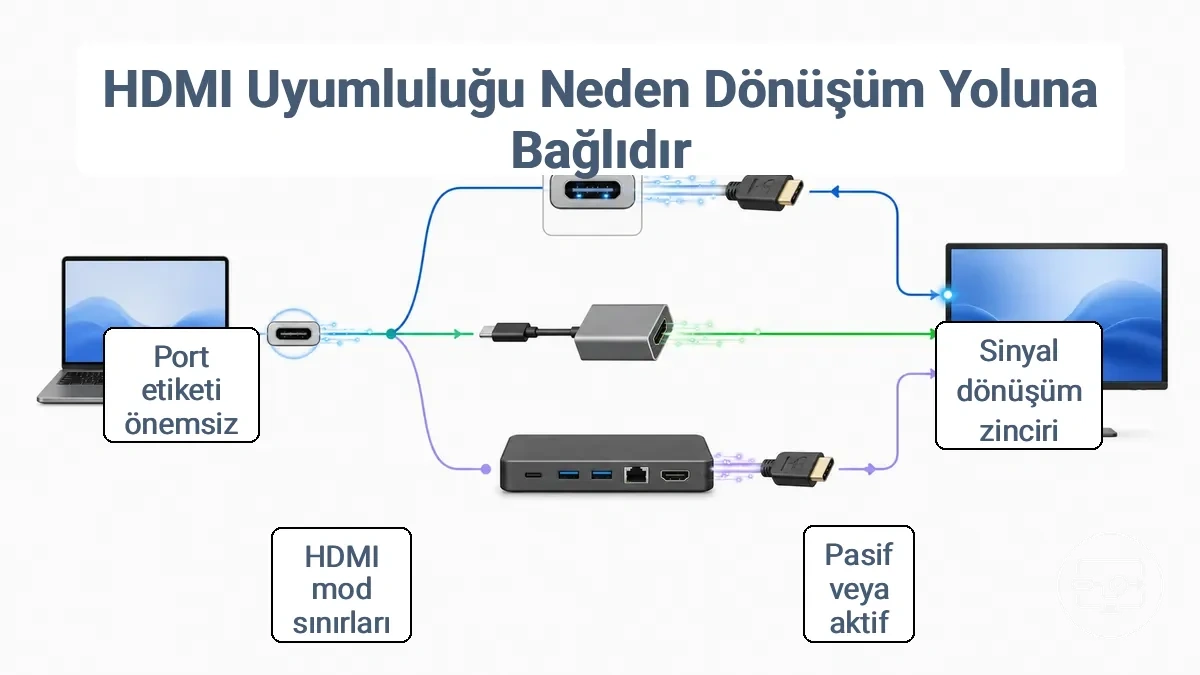 HDMI sinyal dönüşümünün gerçekleştiği yerleri gösteren diyagram: bağlantı noktasında, basit bir adaptörün içinde veya bir dock içinde.