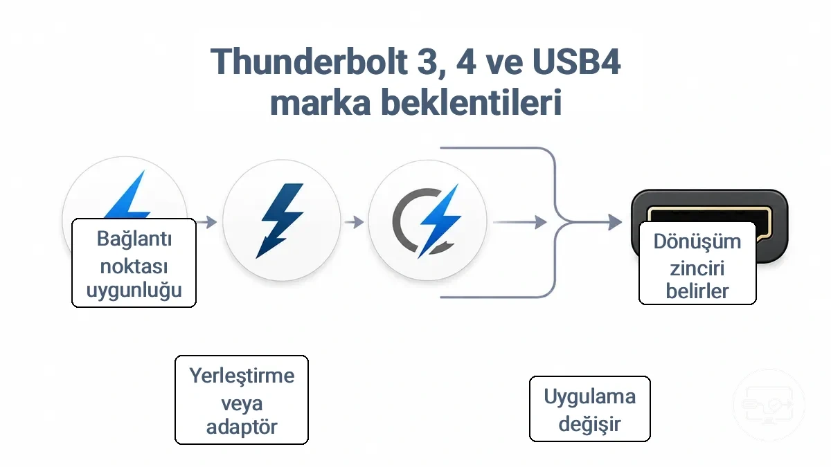 Thunderbolt 3, Thunderbolt 4 ve USB4 markalarının HDMI çıkışı için beklenti karşılaştırması; dönüşüm zincirinin kontrol edilmesi gerektiğini vurgular.