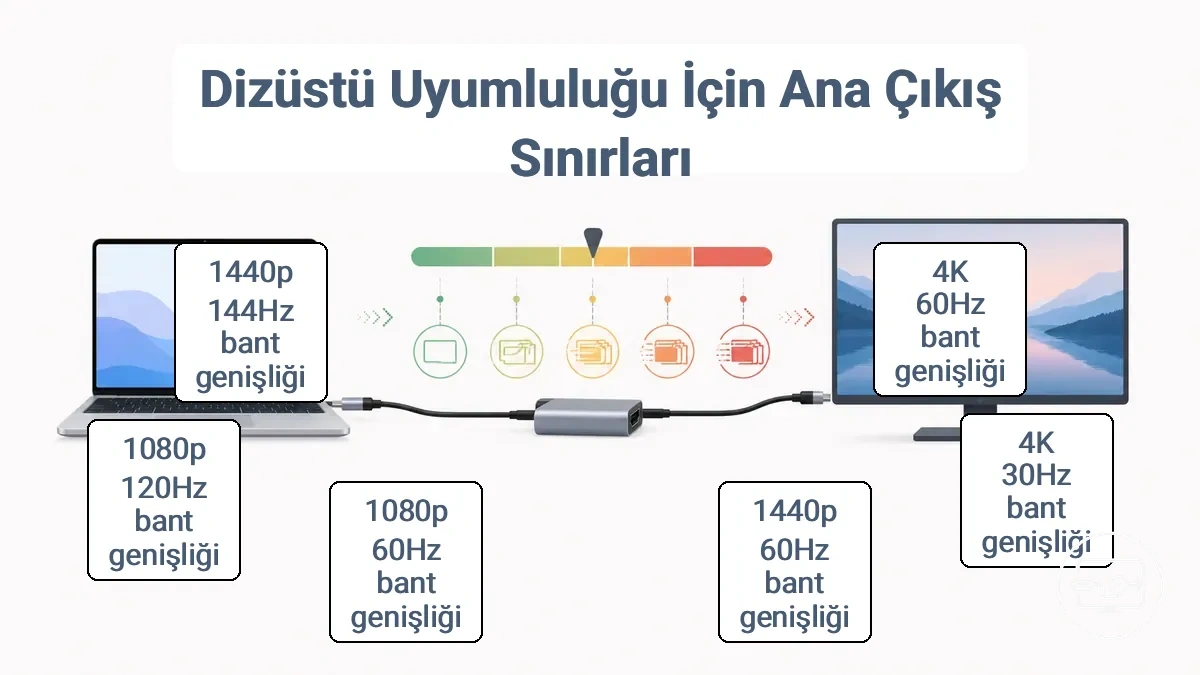Dizüstü bilgisayar harici ekranları için yaygın hedef çıkış modları ve tipik bant genişliği ile bağlantı noktası sınırlamalarını gösteren diyagram.