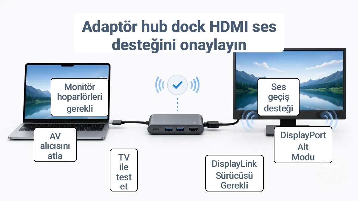 Adaptör, hub veya dock HDMI ses desteğini doğrulamak için kontrol listesi