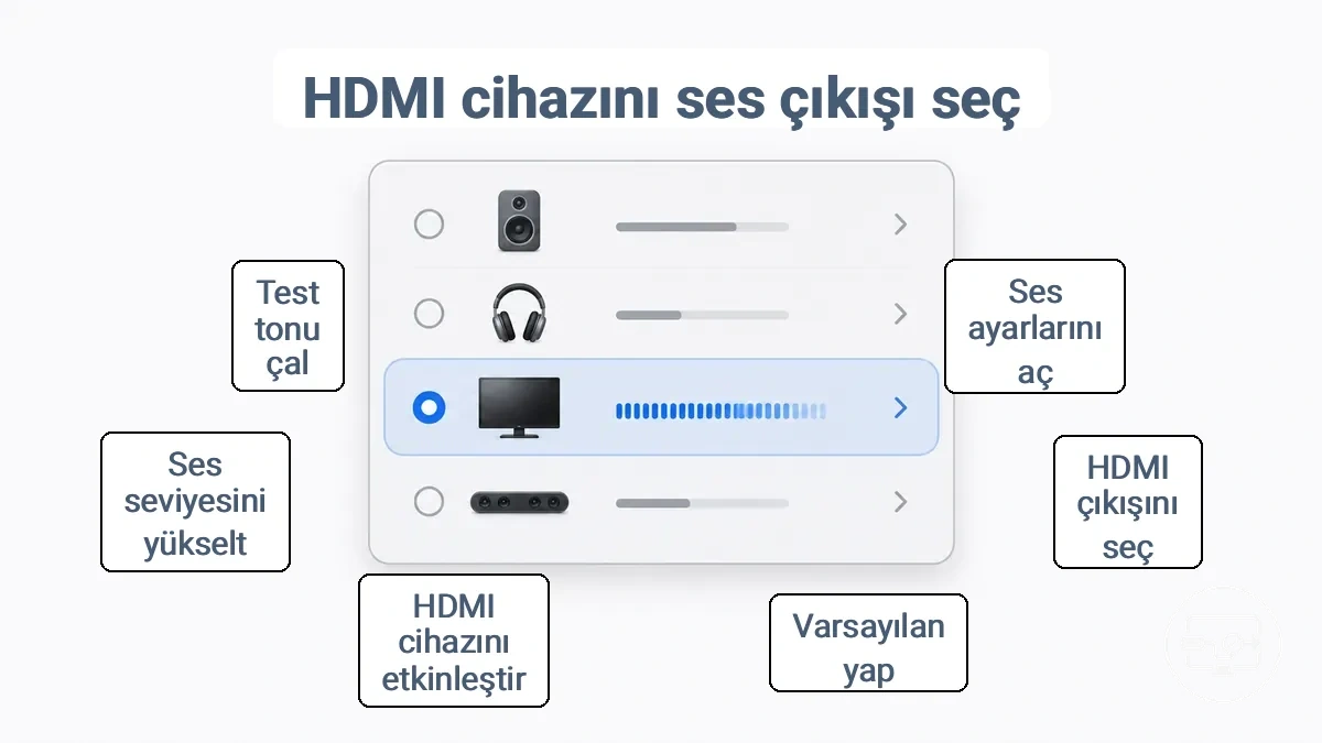 Varsayılan olarak HDMI cihazının seçili olduğu ses çıkışı ayarları paneli