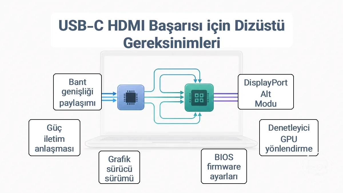 USB-C bağlantı noktasından denetleyici, yönlendirme ve GPU hattı üzerinden HDMI çıkışına dizüstü bilgisayar tarafı sinyal zinciri şeması