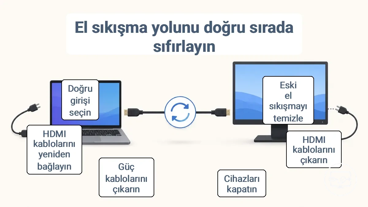 Doğru sırayı gösteren illüstrasyon: kabloları çıkarın, cihazları kapatın, gücü kesin, kabloları yeniden bağlayın, ekranda girişi seçin