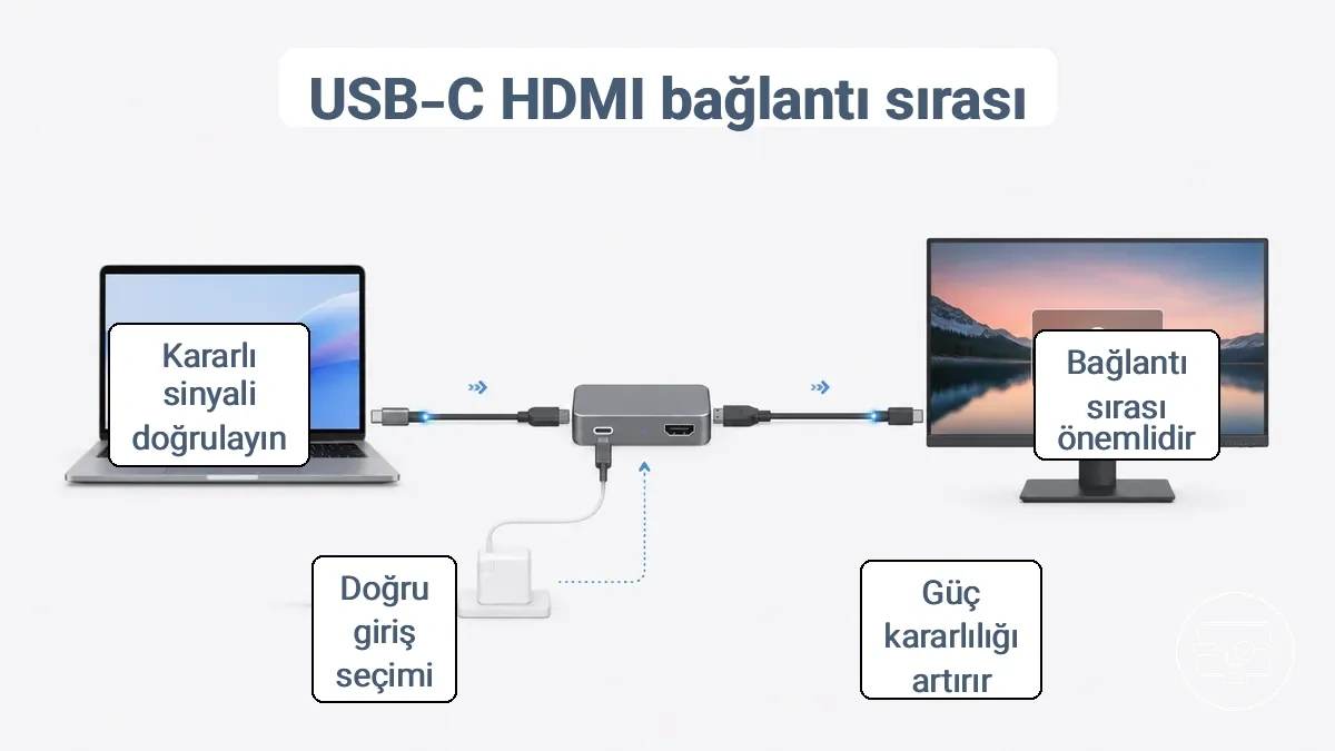 USB-C cihazının bir adaptör/hub üzerinden HDMI ekrana bağlandığı, güç ve giriş seçimi kontrol noktalarını gösteren adım adım görsel.