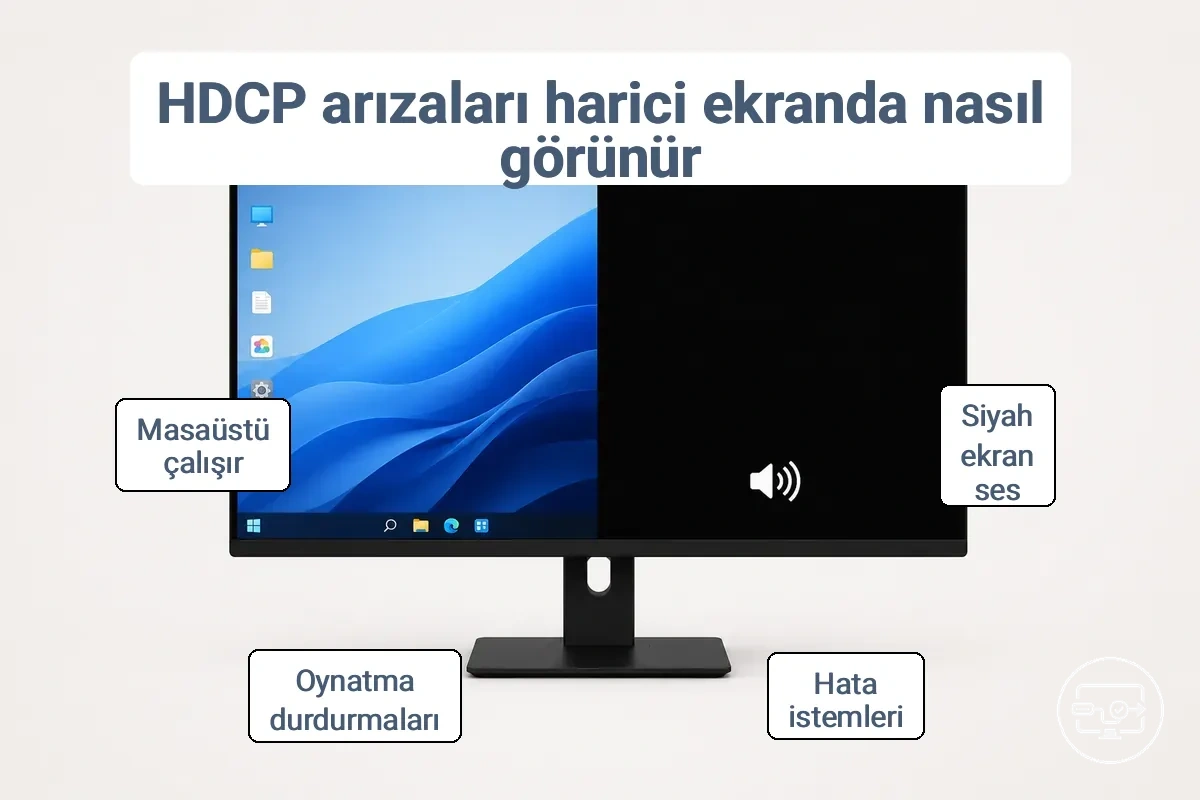 Harici ekranda HDCP blok göstergeleri ile sinyal yok göstergelerini karşılaştıran diyagram