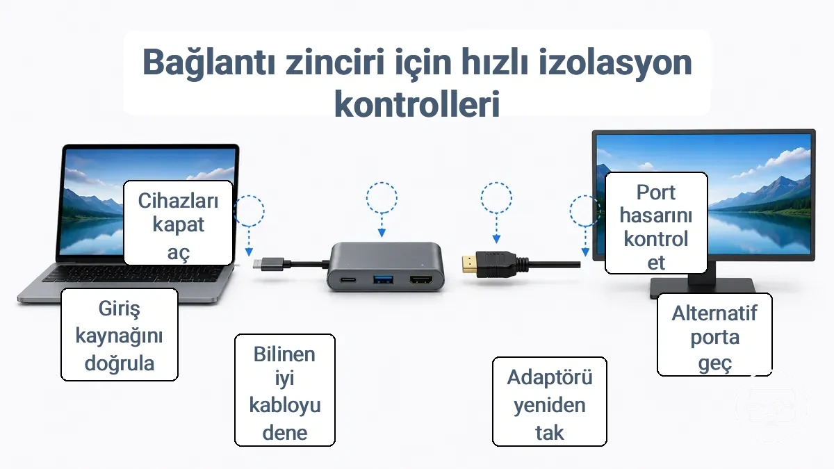 USB-C portu, adaptör, HDMI kablosu ve izolasyon kontrolleri için ekran giriş seçimi noktalarının fiziksel zincirini gösteren diyagram