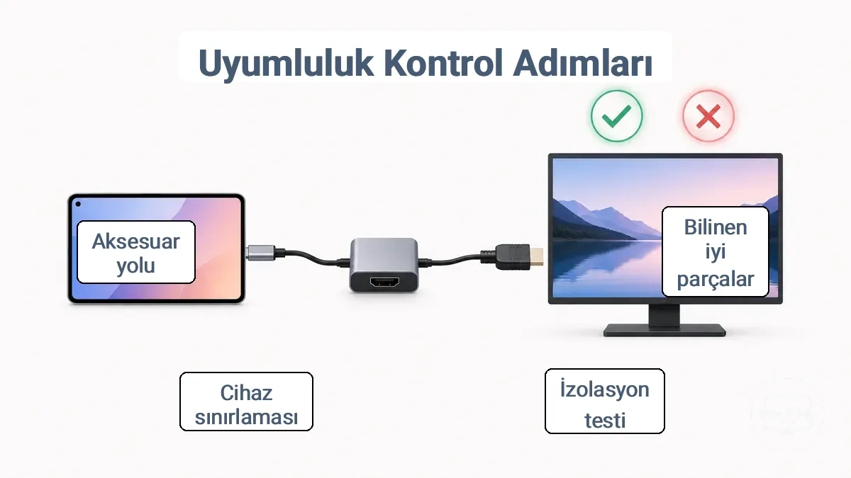 Cihaz, HDMI kablosu, adaptör ve ekranı başarılı/başarısız sonucuyla gösteren basit ayırma akış şeması