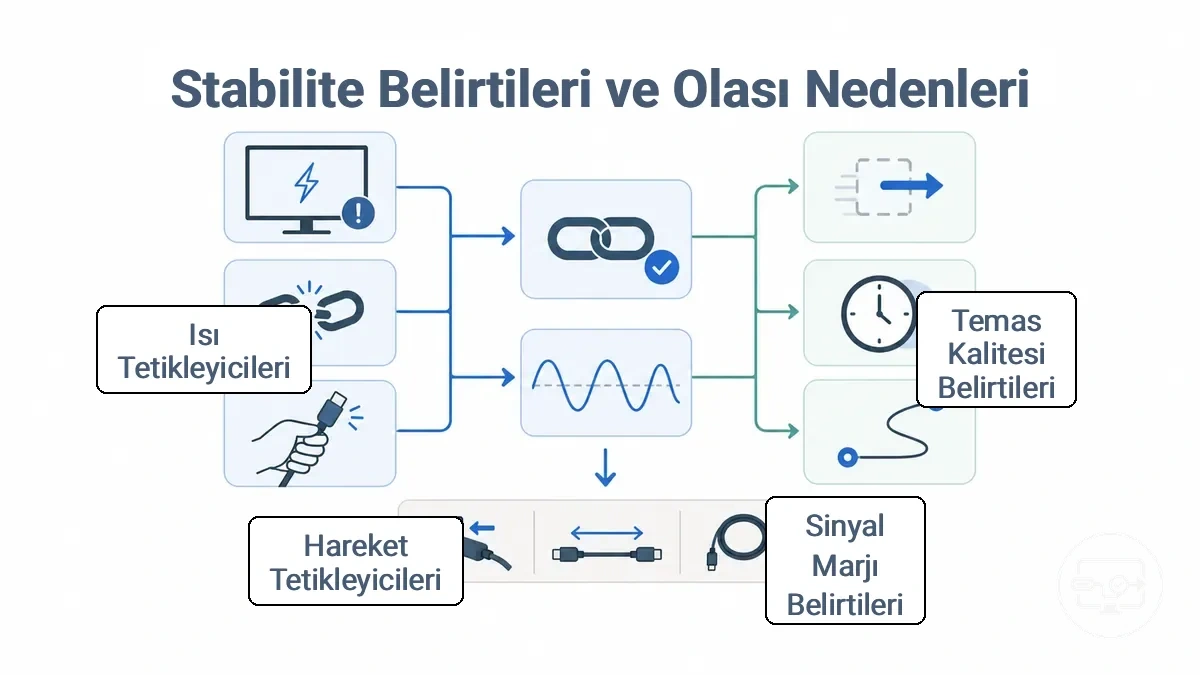 USB-C’den HDMI’ya kararlılık belirtilerini olası neden sınıfları ve güvenli ilk kontrollerle eşleyen grafik
