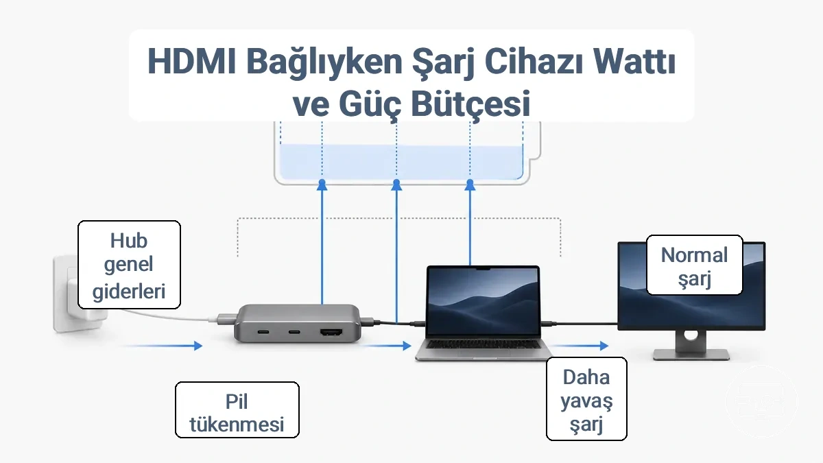 Güç bütçesi hesaplamasının şarj cihazı watt değerinden hub ek yükü ve monitör yükünü çıkardığını gösteren diyagram