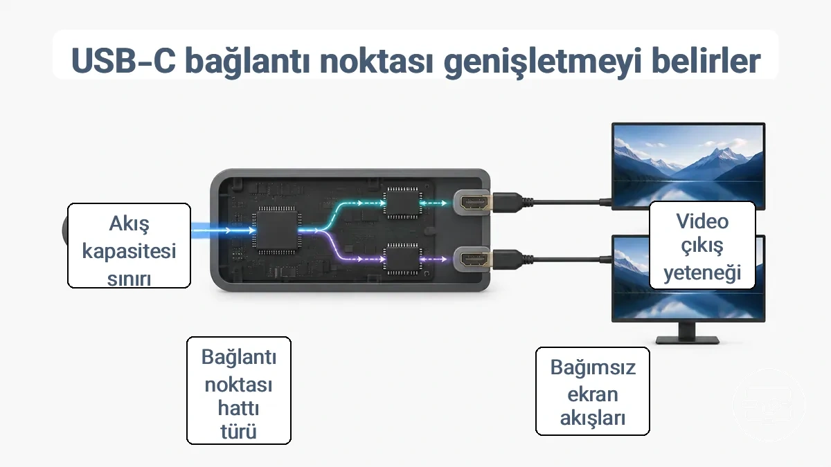 USB-C bağlantı noktası video yeteneği ve bağımsız görüntü akışlarının iki HDMI monitöre genişletmeyi nasıl etkilediğini gösteren diyagram.