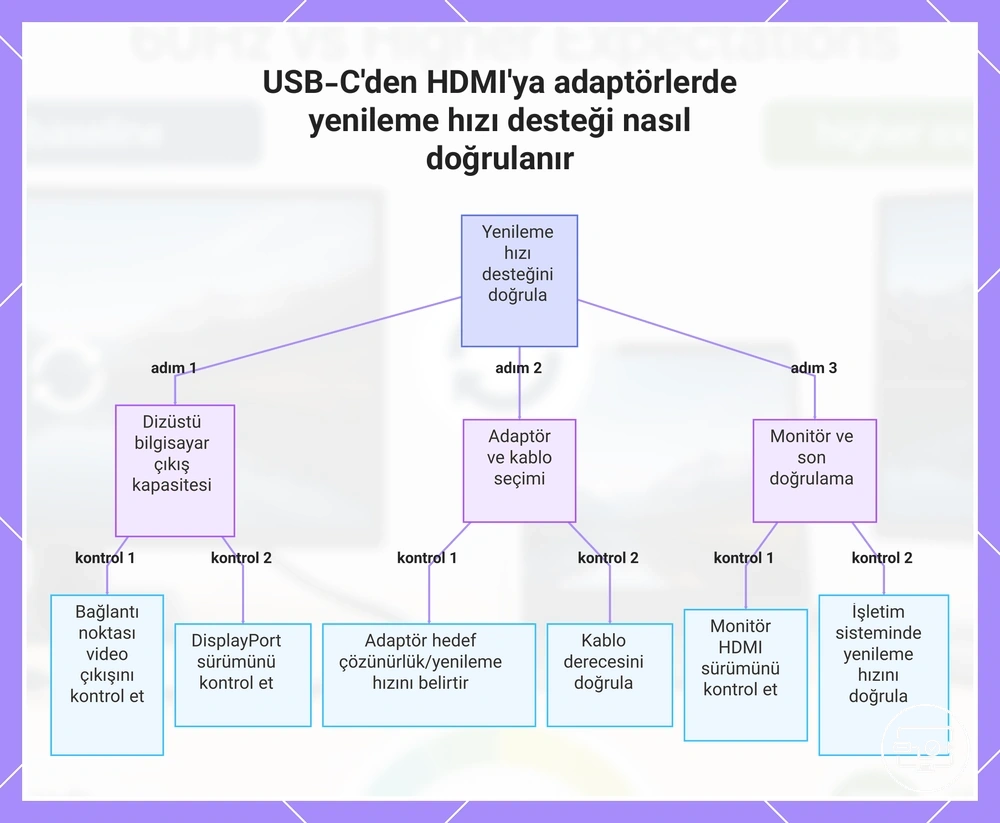 USB-C'den HDMI'ya adaptörlerde yenileme hızı desteği nasıl doğrulanır
