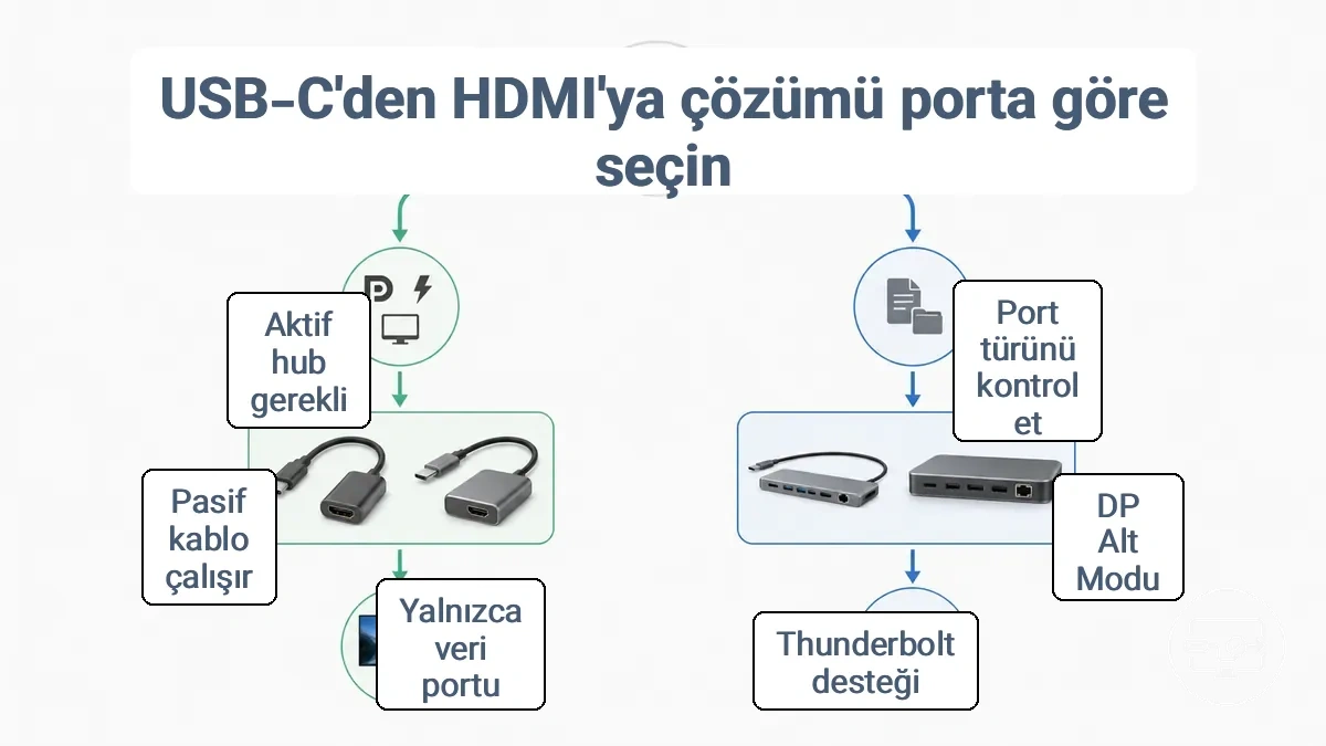 Karar ağacı: port yeteneği, USB-C - HDMI bağlantısı için çözüm türüne yönlendirir.