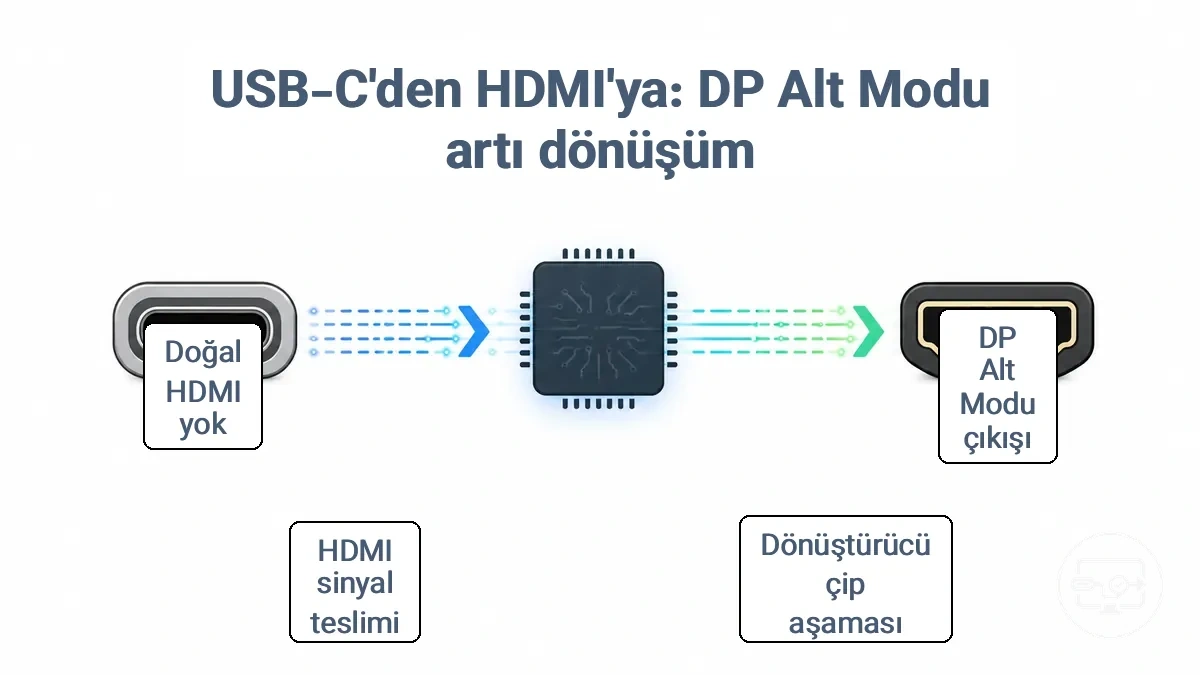USB-C bağlantı noktasından DP Alt Modu çıkışını ve HDMI sinyaline dönüşümü gösteren diyagram