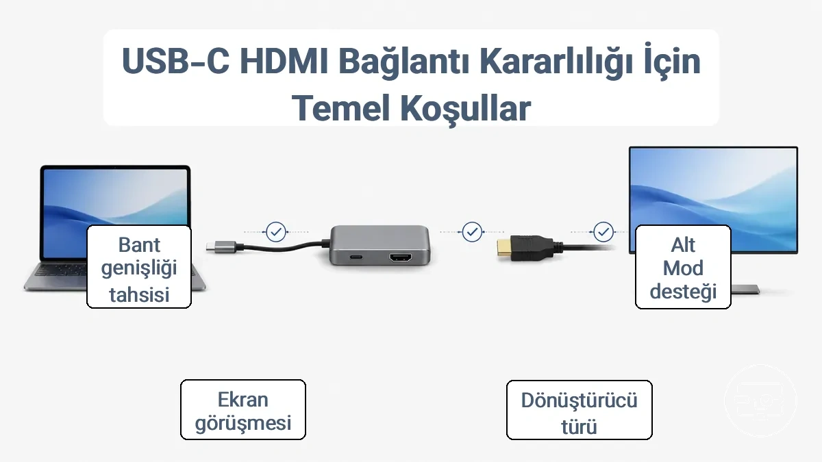 USB-C - HDMI zincirinin işaretli şeması: Alt Modlu kaynak cihaz, dönüştürücü adaptörü, HDMI kablosu ve ekran, her aşamada uyumluluk kontrol noktaları ile.