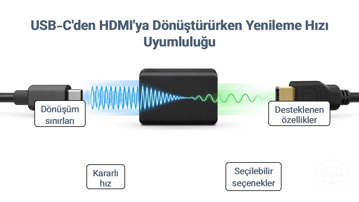 USB-C video sinyalinin bir HDMI adaptörden geçerken yenileme hızının nasıl etkilendiğini gösteren diyagram