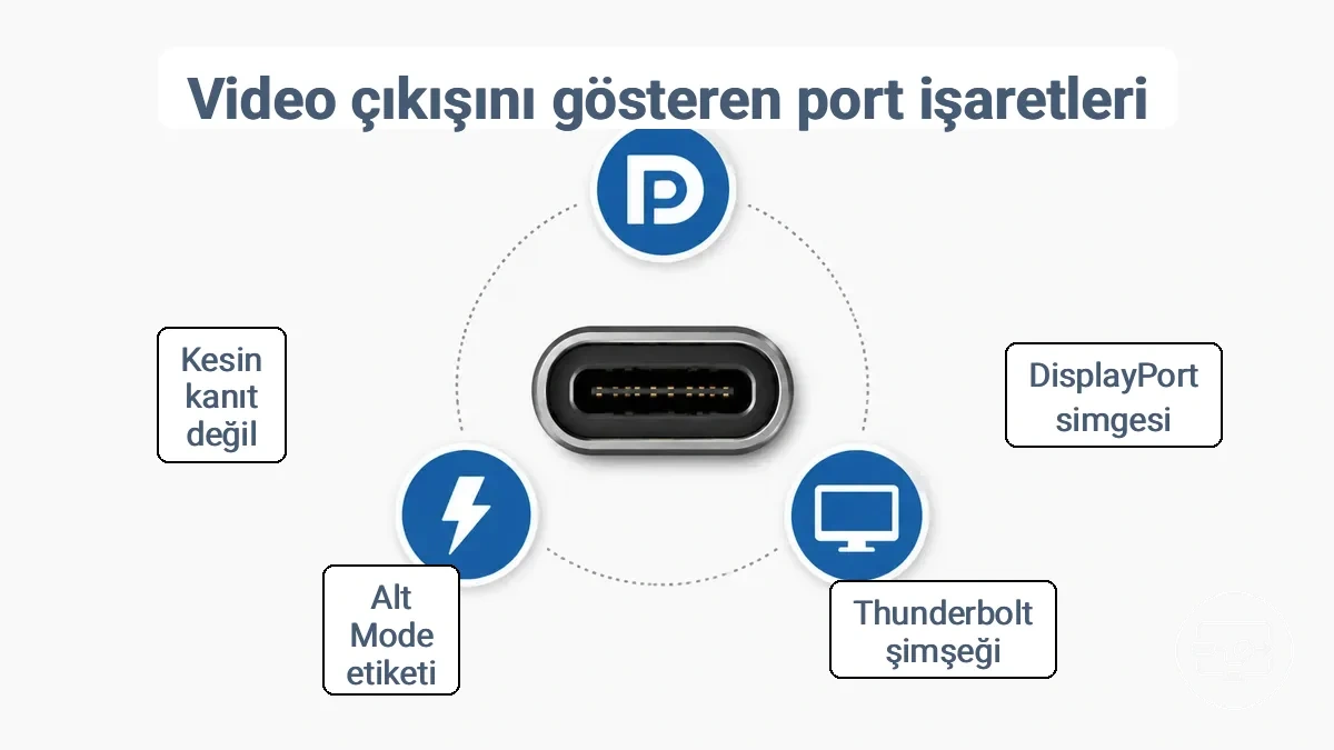 Yaygın USB-C port sembolleri: DisplayPort, Thunderbolt ve tanımlama etiketleriyle monitör simgeleri