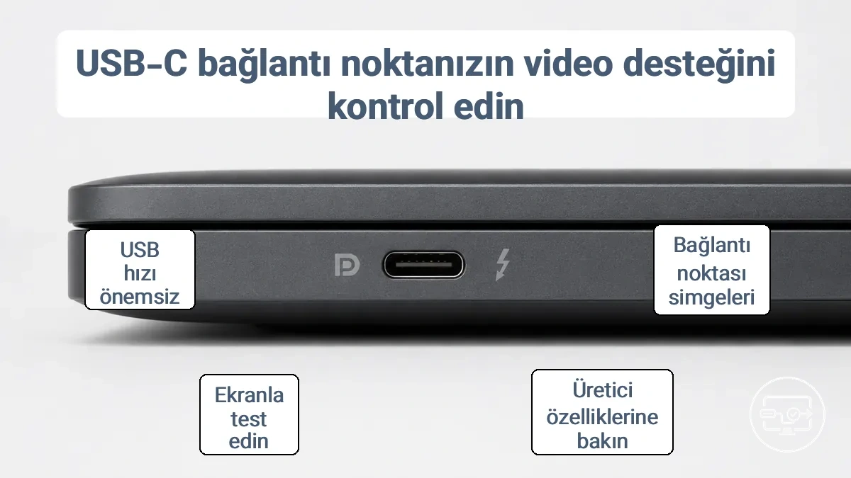 Bir dizüstü bilgisayarın yan panelinde DisplayPort simgesi ve Thunderbolt sembolü bulunan USB-C bağlantı noktası