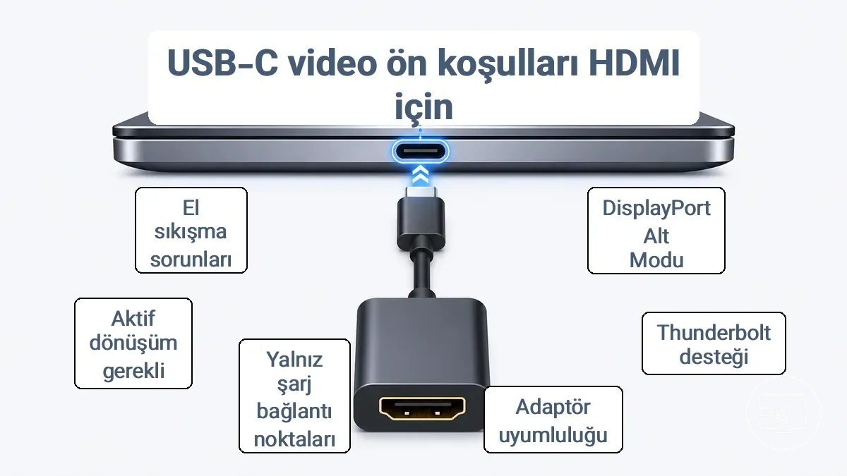 USB-C üzerinden HDMI için gerekli olan USB-C video çıkışı desteğinin yaygın göstergelerini gösteren açıklamalı örnek.