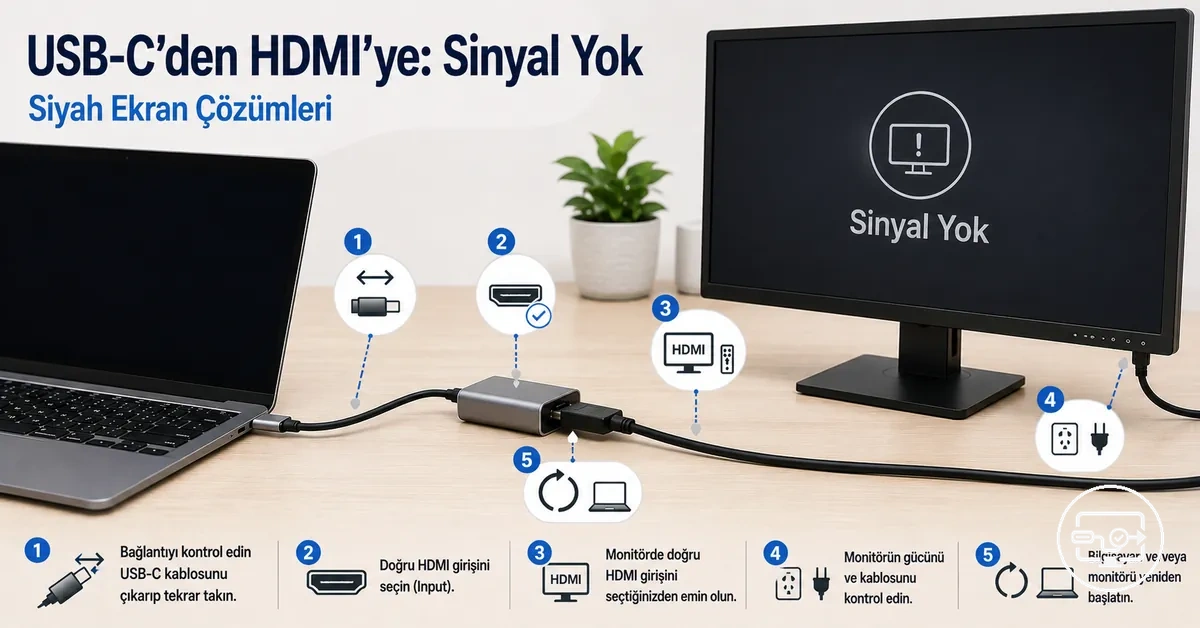 USB-C’den HDMI’ye sinyal yok sorunu için bağlantı kontrolleri ve çözüm adımları
