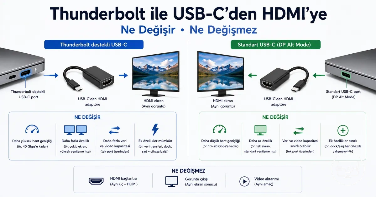 Thunderbolt ve standart USB-C için USB-C’den HDMI’ye uyumluluk karşılaştırması